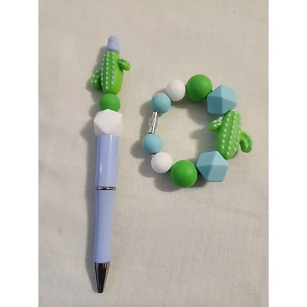 Bead Pen & Cup Charm Matching Combo Blue & Light Green Cactus Silicone